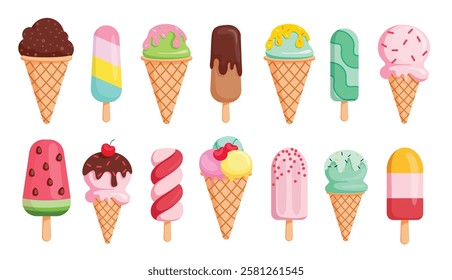 Ice cream colorful drawing clipart set. Popsicle stick and ice cream cone clip art with sweet flavor elements vector illustration summer dessert flat collection. 