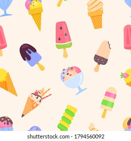 Ice cream - colorful flat design style pattern. Seamless image with tasty scoops, popsicle, fruit, stick, sugar cone, soft serve, stick, watermelon, chocolate bar. Summer time, seasonal dessert menu