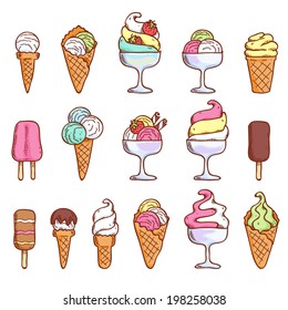 Ice cream colorful  icons set in sketch style.