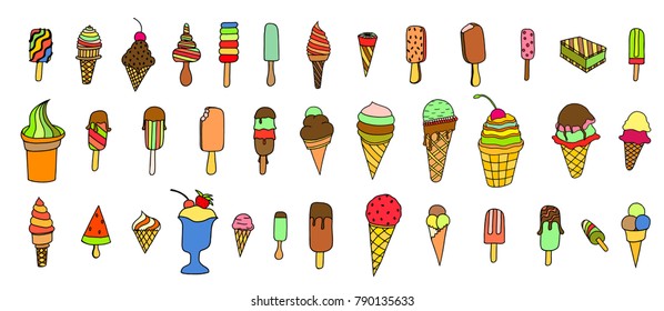 Ice cream colorful icons set in sketch style. Isolated on white background