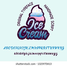 Ice cream. Colorful sticker. Handmade script font. Modern ice cream style.