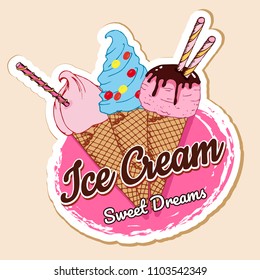 Ice Cream colorful sticker, label, design template, hand drawn elements, vector illustration