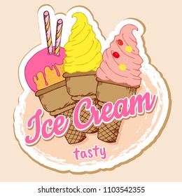 Ice Cream colorful sticker, label, design template, hand drawn elements, vector illustration