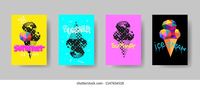 Ice cream colorful summer cover trendy design template, Vector backgrounds set. Design industry for posters, placards,banners, flyers. Hand drawn illustration.