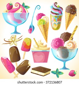 Ice cream colorful vector set.  Can be used for fabrics, wallpapers, ornamental template for design and decoration, etc