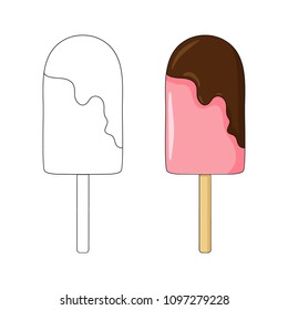 Ice cream coloring book. Pink ice cream on a chop of chocolate. Dessert in cartoon style on a white background. Hand drawing. Vector illustration.