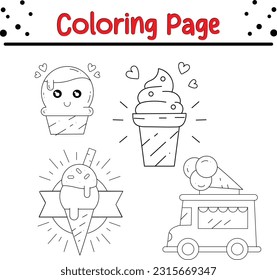 ice cream coloring page. Black and white Ice cream cone icon set elements.