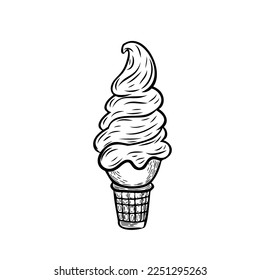Ice cream - coloring page, Food icon black white doodle vector.