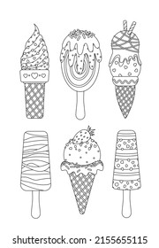 Ice cream coloring page set. Black and white waffle cone, popsicle, soft serve, stick. Coloring book.  Color me. Outline. Isolated vector illustration eps