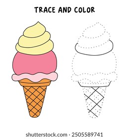 Ice cream coloring pages for kids. Trace and color ice cream. Coloring page outline of ice cream. Ice cream tracing worksheet. Kindergarten and preschool activity.