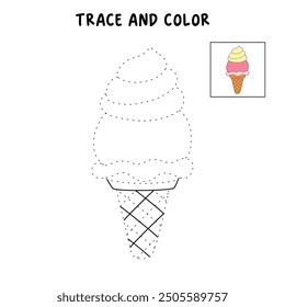 Ice cream coloring pages for kids. Trace and color ice cream. Coloring page outline of ice cream. Ice cream tracing worksheet. Kindergarten and preschool activity.