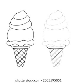 Ice cream coloring pages for kids. Trace and color ice cream. Coloring page outline of ice cream. Ice cream tracing worksheet. Kindergarten and preschool activity.