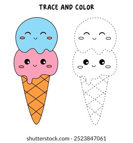 Ice cream coloring pages for kids. Trace and color ice cream. A cute ice cream vector. Coloring book for kids. Kindergarten and preschool worksheets printable for kids. 