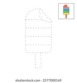 Ice cream coloring pages for kids. Trace and color ice cream. Delicious ice cream with bite clip art vector. Ice cream summer isolated on white background. Summer worksheets printable.