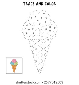 Ice cream coloring pages for kids. Trace and color ice cream. Delicious ice cream with cone clip art vector. Ice cream summer isolated on white background. Summer worksheets printable.