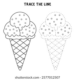 Ice cream coloring pages for kids. Trace and color ice cream. Delicious ice cream with cone clip art vector. Ice cream summer isolated on white background. Summer worksheets printable.