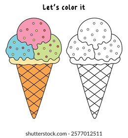 Ice cream coloring pages for kids. Trace and color ice cream. Delicious ice cream with cone clip art vector. Ice cream summer isolated on white background. Summer worksheets printable.