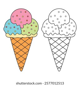 Ice cream coloring pages for kids. Trace and color ice cream. Delicious ice cream with cone clip art vector. Ice cream summer isolated on white background. Summer worksheets printable.