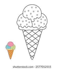 Ice cream coloring pages for kids. Trace and color ice cream. Delicious ice cream with cone clip art vector. Ice cream summer isolated on white background. Summer worksheets printable.