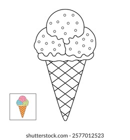 Ice cream coloring pages for kids. Trace and color ice cream. Delicious ice cream with cone clip art vector. Ice cream summer isolated on white background. Summer worksheets printable.