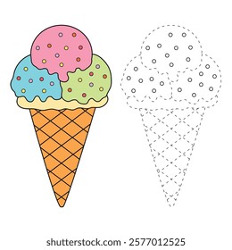 Ice cream coloring pages for kids. Trace and color ice cream. Delicious ice cream with cone clip art vector. Ice cream summer isolated on white background. Summer worksheets printable.