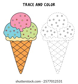 Ice cream coloring pages for kids. Trace and color ice cream. Delicious ice cream with cone clip art vector. Ice cream summer isolated on white background. Summer worksheets printable.