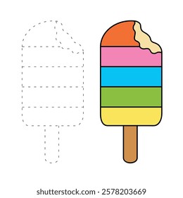 Ice cream coloring pages for kids. Trace and color ice cream. Delicious ice cream with bite clip art vector. Ice cream summer isolated on white background. Summer worksheets printable.