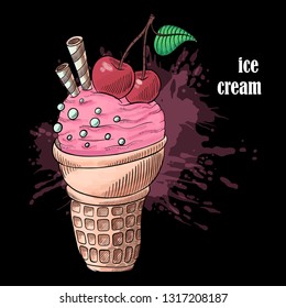 Ice cream colors illustration: waffle Cup, cherry, sweet tubes.  Vector hand drawn illustration in sketching style. 