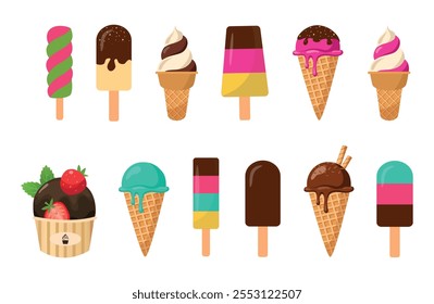 Helado. Colección de helados coloridos. Postres, set de comida dulce. Cono relleno de waffle, taza de bolas de helado, cono de helado. Chocolate, fresa, vainilla, Ilustración vectorial de comida de verano