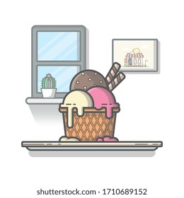 Ice Cream Combo Vector Icon Illustration. Ice Cream Scoop, Summer And Ice Cream Icon Concept White Isolated. Flat Cartoon Style Suitable for Web Landing Page, Banner, Sticker, Background