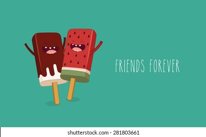 Ice cream. Comic characters. Vector cartoon. You can use in the menu, in the shop, in the bar, the card or stickers. Easy to edit. 