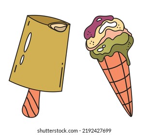 Ice cream comic doodle line art design element illustration collection set
