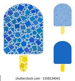 Ice cream composition of inequal elements in different sizes and color hues, based on ice cream icon. Vector humpy elements are united into collage. Ice cream icons collage with dotted pattern.