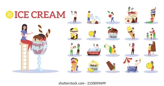 Ice cream composition set with fruit topping symbols flat isolated vector illustration