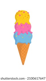 El concepto de helado. Pegatina colorida con postre frío dulce de sabor a fruta en cono de gofre. Elemento de diseño para iconos e impresión de tejido. Dibujo vectorial plano de dibujos animados aislado en fondo blanco