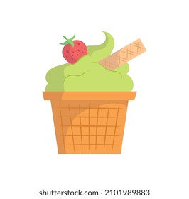 Ice cream concept. Colorful sticker with delicious cold sweetness, strawberry and waffle cup. Design element for printing and packaging. Cartoon flat vector illustration isolated on white background