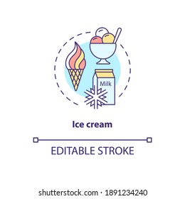 Ice cream concept icon. Frozen yogurt. Sundae scoop. Gelato for summer refreshment. Dairy industry idea thin line illustration. Vector isolated outline RGB color drawing. Editable stroke
