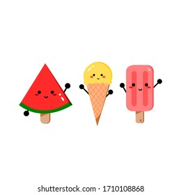 Ice cream concept illustration. Ice cream cone. Watermelon ice cream. Strawberry ice cream. Summer dessert. Dessert cartoon. Illustration vector.