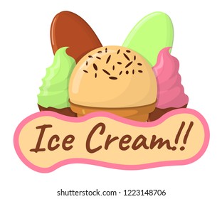 Ice Cream Concept and Logo. Summer Sandae Label. Cartoon Vector Illustration.