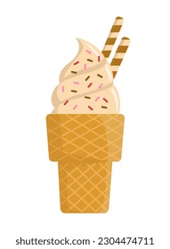 Ice cream concept. Ice cream with wafer rolls in cup. Sweet and refreshing product. Dessert and delicacy for summer and hot weather. Cafe or restaurant menu. Cartoon flat vector illustration