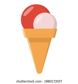 Ice cream cone with 2 red and white balls. Vector EPS10 flat icon illustration on isolated white background. 