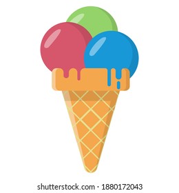 Cono helado con 3 bolas rojas, verdes y azules. Ilustración de icono plana EPS10 vectorial sobre fondo blanco aislado. 