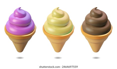 Ice cream cone 3d design set. Milk vanilla fruit and chocolate ice cream 3d vector illustration. 