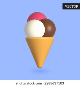 Ice cream cone 3d icon in cartoon style. Chocolate, vanilla and berry triple scoop. Design element. Vector illustration.