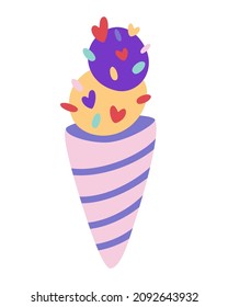 Ice cream cone. Abstract Ice cream balls in the waffle cone.  Sweet summer food. Modern hand draw vector illustration isolated on white background.