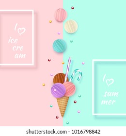 Ice cream cone, Background, 3D, Pastel. Abstract images of ice cream in paper cut style. Minimalistic summer food concept. Vector illustration