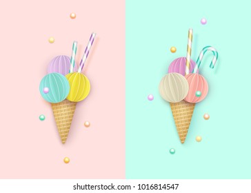 Ice cream cone, Background, 3D, Pastel. Abstract images of ice cream in paper cut style. Minimalistic summer food concept. Vector illustration