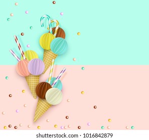 Ice cream cone, Background, 3D, Pastel. Abstract images of ice cream in paper cut style. Minimalistic summer food concept. Vector illustration