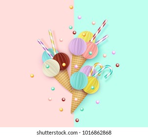 Ice cream cone, Background, 3D, Pastel. Abstract images of ice cream in paper cut style. Minimalistic summer food concept. Vector illustration