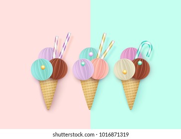 Ice cream cone, Background, 3D, Pastel. Abstract images of ice cream in paper cut style. Minimalistic summer food concept. Vector illustration